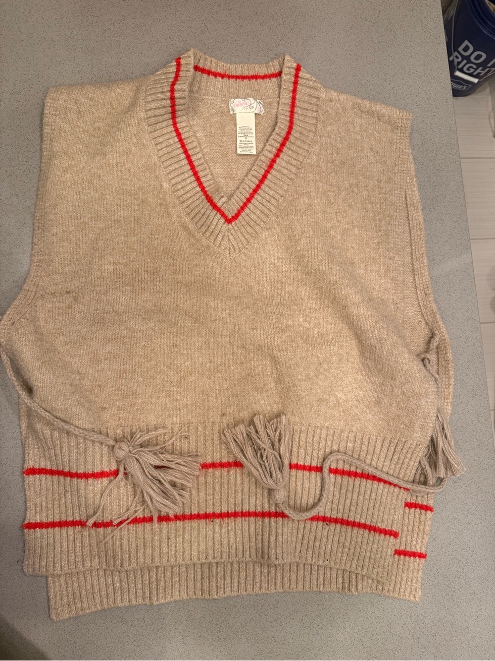 Free People Tan Knit Vest with Red Stripe